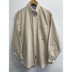Vintage Tommy Hilfiger Men's L Button‎ up Shirt Beige Crest Logo Long Sleeve